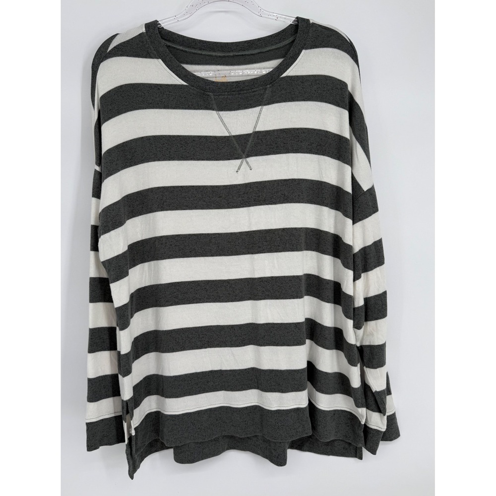 Belle by Kim Gravel Striped Long Sleeve Crew Neck Top Grey White Womens Sz L